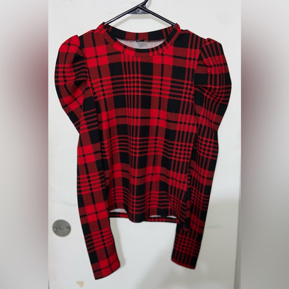 Red and black plaid shoulder ruffled long sleeve